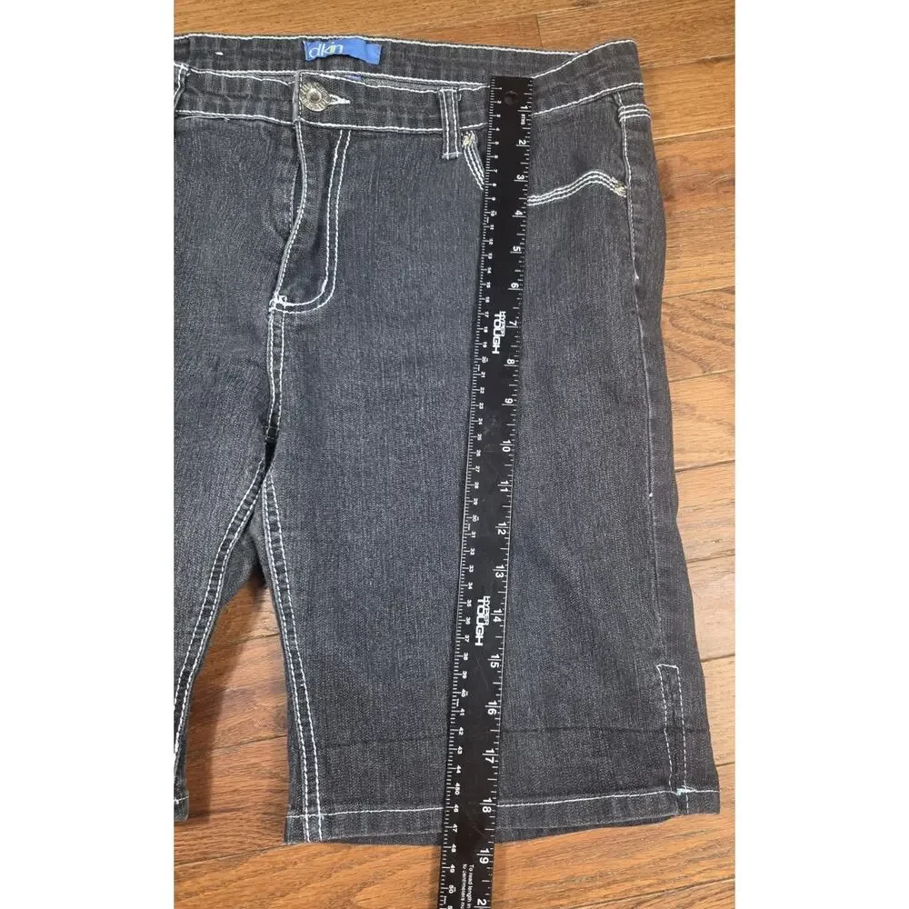 DKIN Womens 14 Black Denim Bermuda Shorts Rhinestone Studded Y2K Contrast Stitch